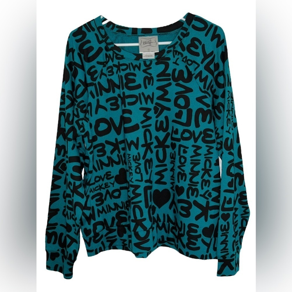 Disney Boutique Mickey Loves Minnie Mouse Teal Graffiti Shirt Women’s Size XL